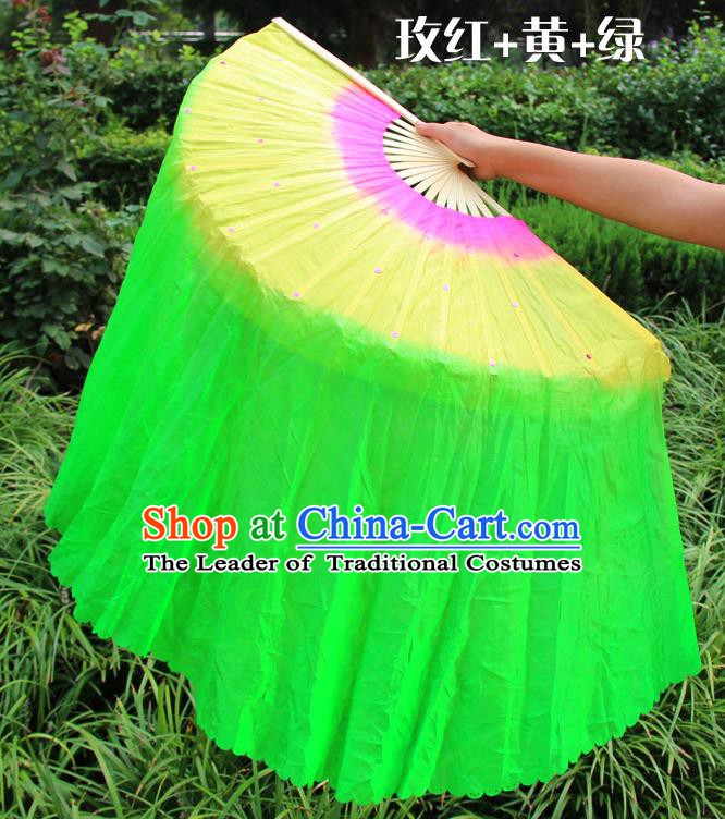 Chinese Handmade Folk Dance Green Ribbon Folding Fans Yangko Dance Classical Dance Fans for Women