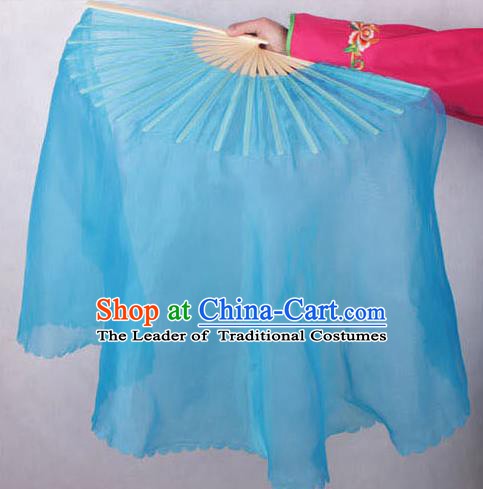 Chinese Handmade Folk Dance Blue Ribbon Folding Fans Yangko Dance Classical Fans for Women