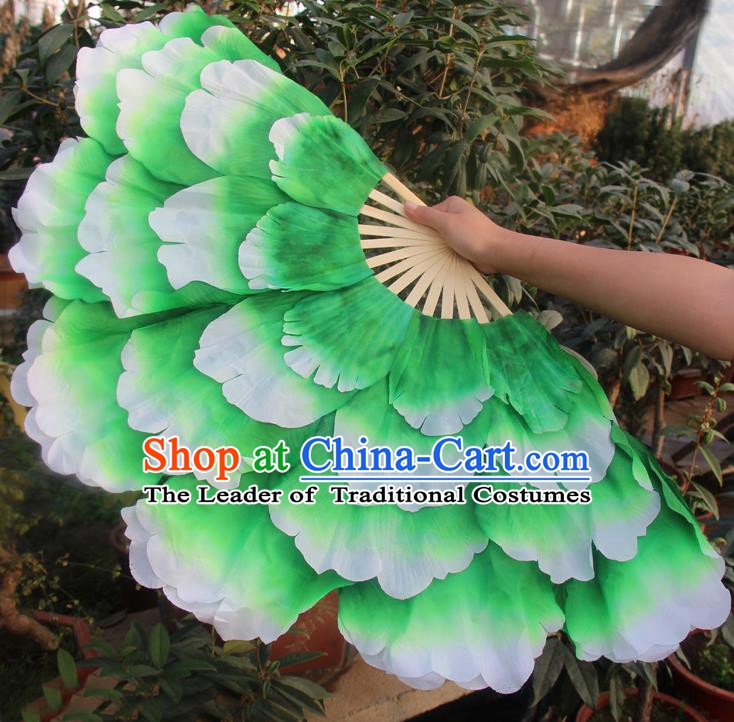 Chinese Handmade Folk Dance Folding Fans Yangko Dance Classical Dance Green Peony Fans for Women