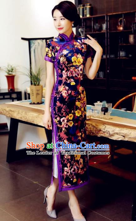 Chinese Traditional Elegant Purple Pleuche Cheongsam National Costume Qipao Dress for Women