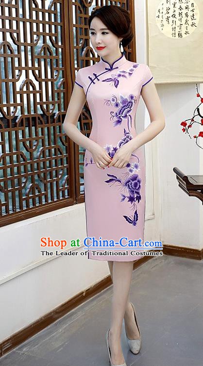 Chinese Traditional Elegant Retro Cheongsam National Costume Printing Peony Pink Qipao Dress for Women