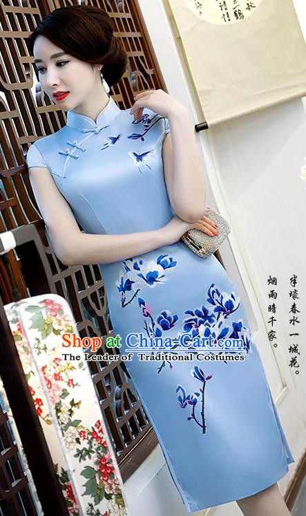 Chinese Traditional Elegant Retro Cheongsam National Costume Printing Mangnolia Blue Qipao Dress for Women