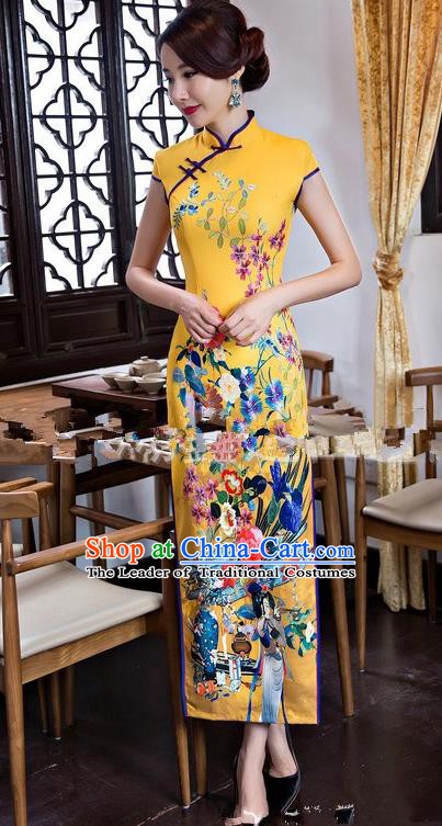 Chinese Traditional Elegant Long Cheongsam National Costume Printing Yellow Qipao Dress for Women