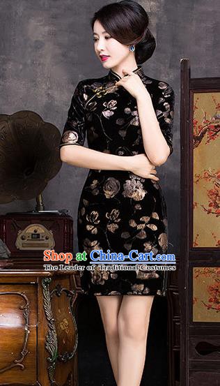Chinese Traditional Elegant Cheongsam National Costume Black Pleuche Short Qipao Dress for Women