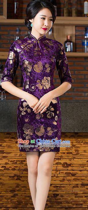 Chinese Traditional Elegant Cheongsam National Costume Purple Pleuche Short Qipao Dress for Women