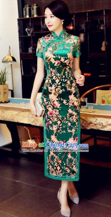 Chinese Traditional Elegant Green Pleuche Cheongsam National Costume Long Qipao Dress for Women