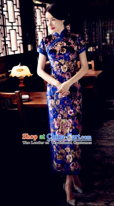Chinese Traditional Elegant Royalblue Pleuche Cheongsam National Costume Long Qipao Dress for Women
