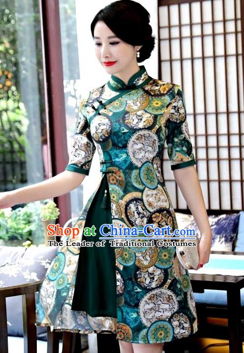 Chinese Traditional Elegant Green Watered Gauze Cheongsam National Costume Printing Qipao Dress for Women
