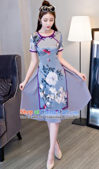 Chinese Traditional Elegant Printing Blue Cheongsam National Costume Retro Qipao Dress for Women