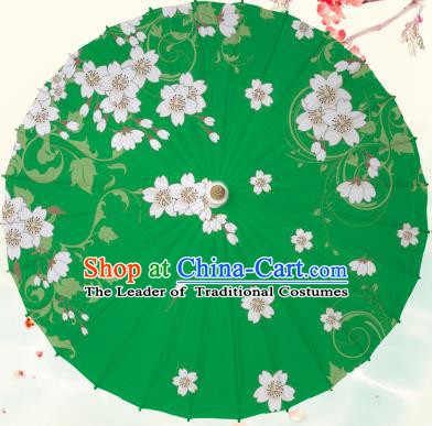 Chinese Traditional Artware Deep Green Paper Umbrella Classical Dance Printing Peach Blossom Oil-paper Umbrella Handmade Umbrella