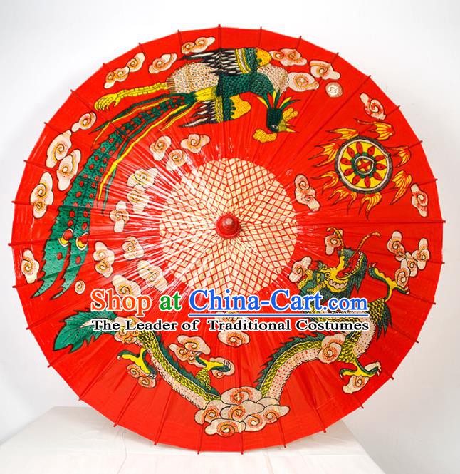 Chinese Traditional Artware Wedding Paper Umbrella Classical Dance Umbrella Printing Dragon and Phoenix Oil-paper Umbrella Handmade Umbrella