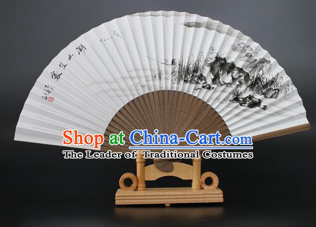 Chinese Traditional Artware Handmade Folding Fans Ink Painting Lake View Paper Fans