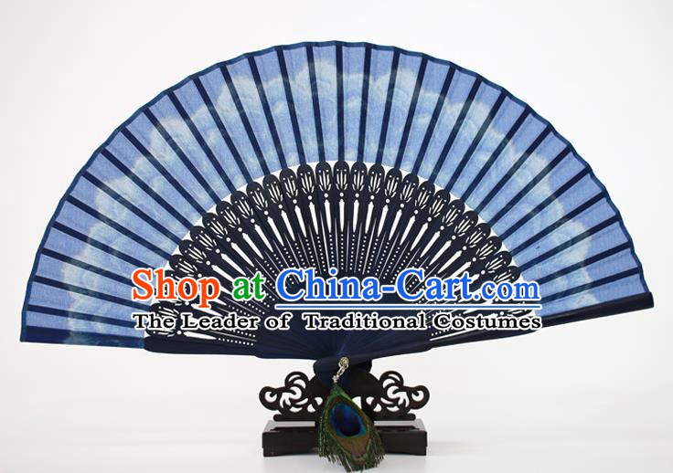 Chinese Traditional Artware Handmade Folding Fans Blue Silk Accordion Fans