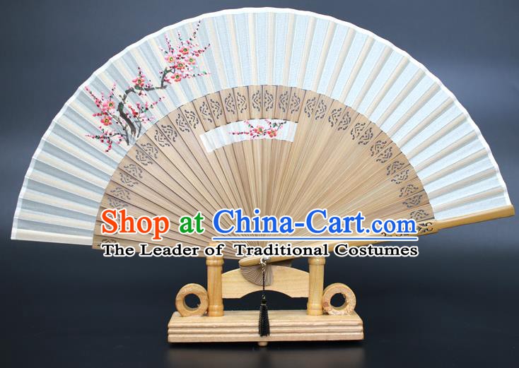 Chinese Traditional Artware Handmade Folding Fans Printing Plum Blossom Silk Fans Accordion