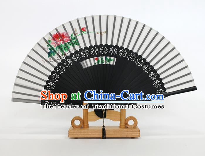 Chinese Traditional Artware Handmade Folding Fans Printing Flowers White Silk Fans Accordion