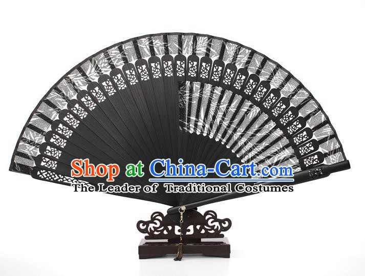 Chinese Traditional Artware Handmade Printing Bamboo Folding Fans Black Silk Fans Accordion