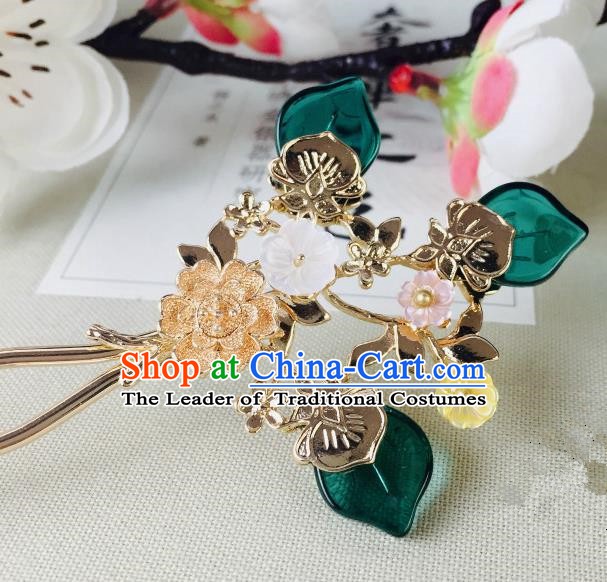 Chinese Handmade Classical Hair Accessories Wedding Shell Flowers Hair Stick Peacock Green Hairpins for Women