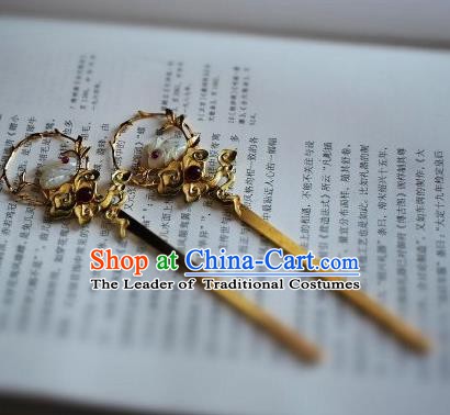 Chinese Handmade Classical Hair Accessories Jade Rabbit Hairpins Hair Stick for Women