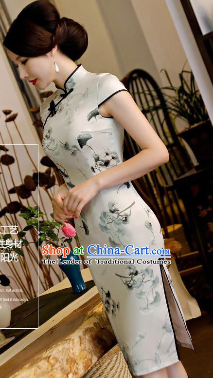 Chinese Traditional Silk Mandarin Qipao Dress National Costume Printing Ginkgo Leaf Short Cheongsam for Women