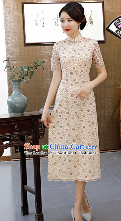 Chinese Traditional Mandarin Qipao Dress National Costume Beige Lace Cheongsam for Women