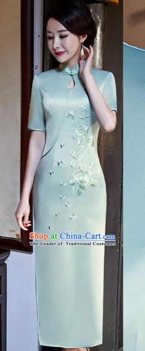 Chinese Traditional Tang Suit Embroidered Peony Qipao Dress National Costume Light Green Silk Mandarin Cheongsam for Women