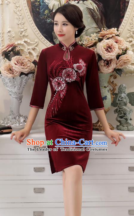 Chinese Traditional Tang Suit Wine Red Velvet Qipao Dress National Costume Retro Mandarin Cheongsam for Women
