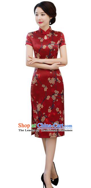 Chinese Traditional Printing Plum Blossom Mandarin Qipao Dress National Costume Tang Suit Cheongsam for Women