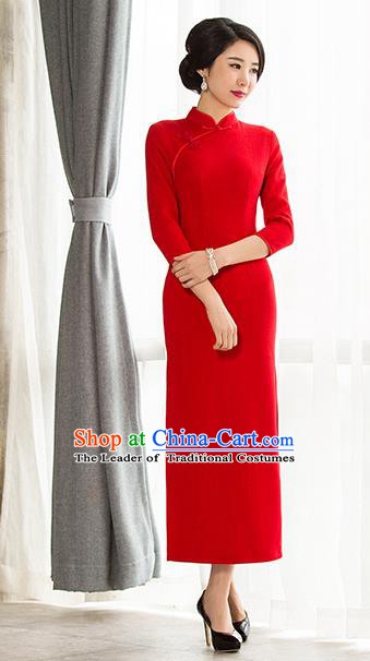 Chinese Traditional Tang Suit Red Wool Qipao Dress National Costume Mandarin Cheongsam for Women