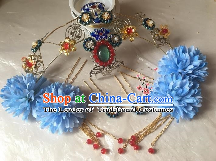Traditional Chinese Ancient Wedding Hair Accessories Blueing Phoenix Coronet Hairpins Complete Set for Women