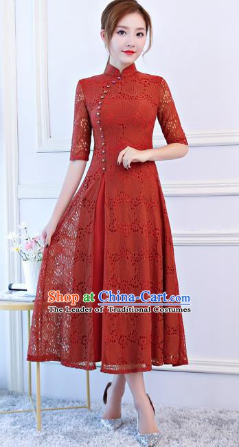 Top Grade Chinese Traditional Orange Lace Qipao Dress National Costume Tang Suit Mandarin Cheongsam for Women