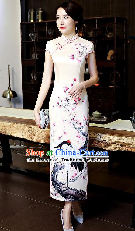 Chinese Traditional Tang Suit Qipao Dress National Costume Printing Crane Mandarin Cheongsam for Women