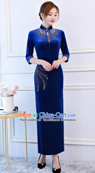 Top Grade Chinese Traditional Royalblue Velvet Qipao Dress National Costume Tang Suit Mandarin Cheongsam for Women