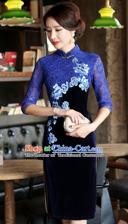 Top Grade Chinese Traditional Blue Lace Qipao Dress National Costume Tang Suit Mandarin Cheongsam for Women