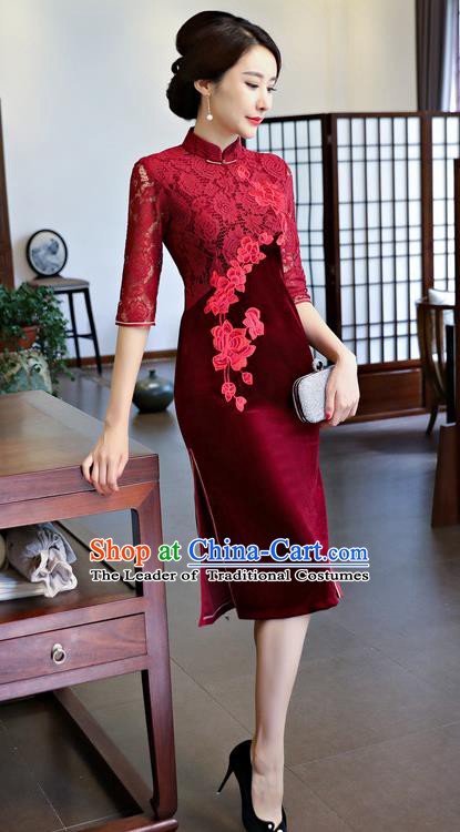 Top Grade Chinese Traditional Red Lace Qipao Dress National Costume Tang Suit Mandarin Cheongsam for Women