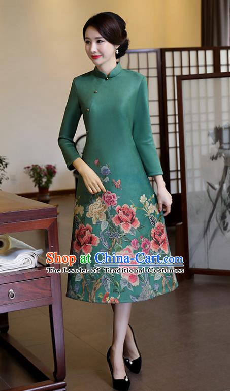 Top Grade Chinese Traditional Printing Qipao Dress National Costume Green Suede Fabric Mandarin Cheongsam for Women