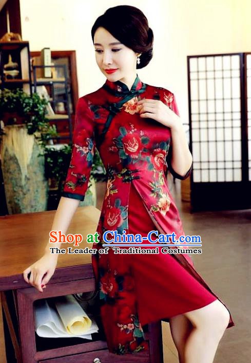 Top Grade Chinese Red Watered Gauze Qipao Dress National Costume Traditional Mandarin Cheongsam for Women