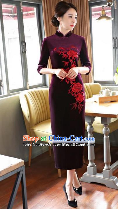 Top Grade Chinese Embroidered Qipao Dress National Costume Traditional Purple Velvet Mandarin Cheongsam for Women