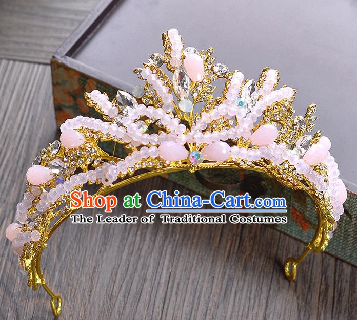 Handmade Bride Wedding Hair Accessories Pink Beads Royal Crown for Women