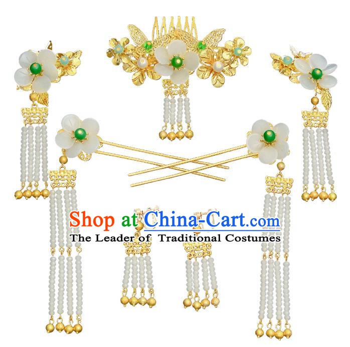 Traditional Chinese Ancient Bride Hair Accessories Xiuhe Suit Hairpins White Flowers Hair Comb Complete Set for Women