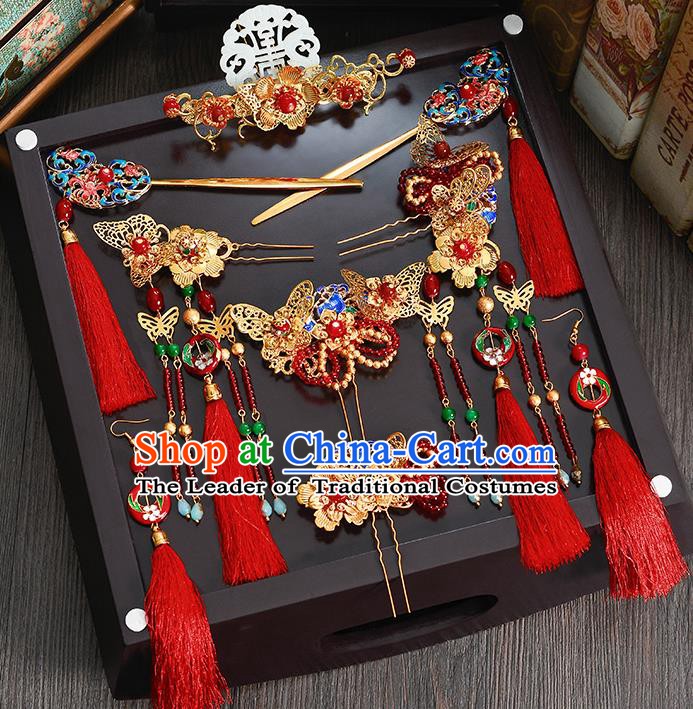 Traditional Chinese Ancient Bride Hair Accessories Xiuhe Suit Jade Phoenix Coronet Hairpins Complete Set for Women
