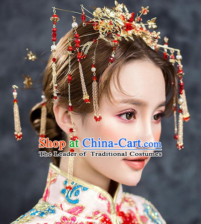 Traditional Chinese Ancient Bride Hair Accessories Xiuhe Suit Wedding Tassel Step Shake Hairpins Complete Set for Women