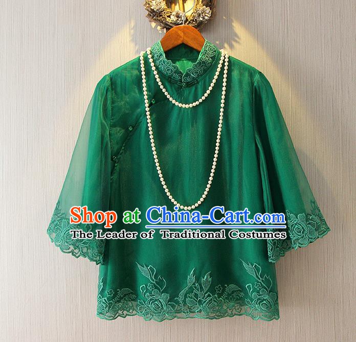 Chinese Traditional National Cheongsam Blouse Tangsuit Stand Collar Green Embroidered Shirts for Women