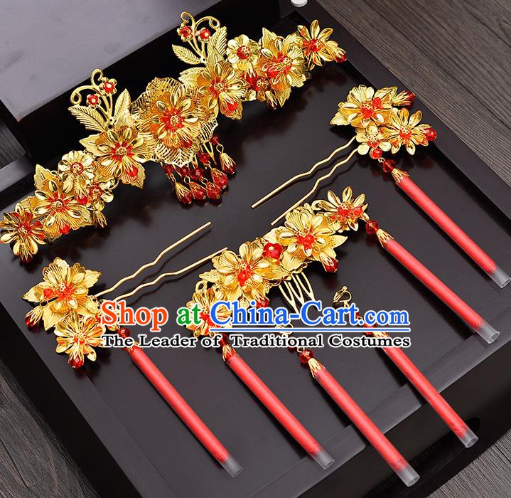 Traditional Chinese Ancient Bride Hair Accessories Xiuhe Suit Hairpins Golden Hair Comb Complete Set for Women