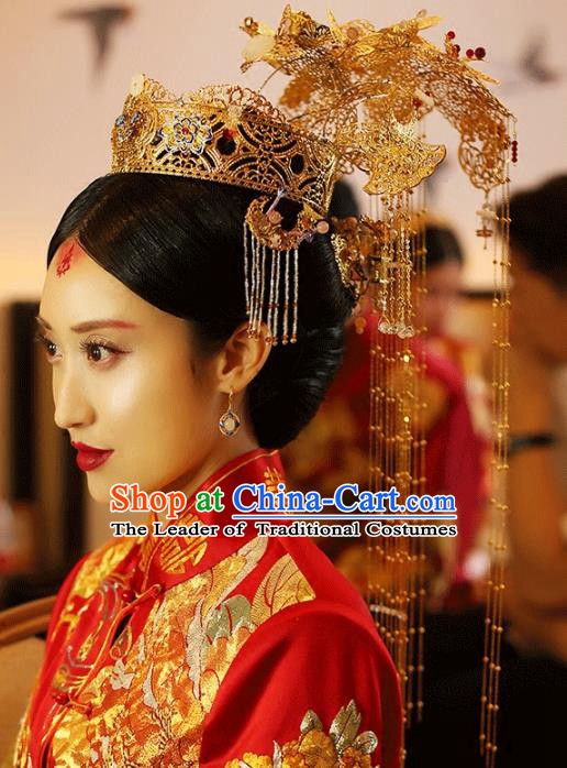 Traditional Chinese Ancient Bride Hair Accessories Xiuhe Suit Extravagant Phoenix Coronet Hairpins for Women