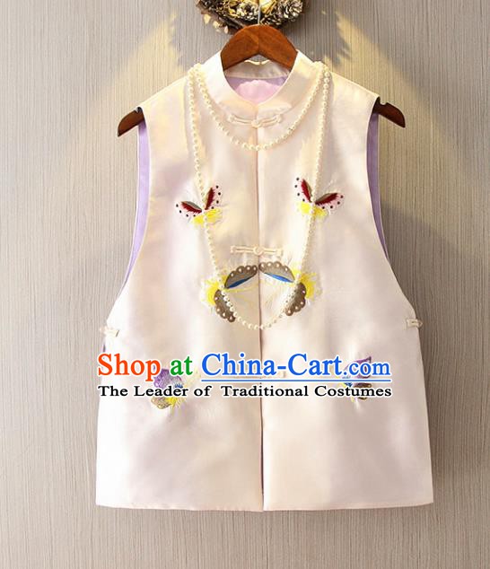 Chinese Traditional National Cheongsam Vest Tangsuit Embroidered Butterfly White Waistcoat for Women
