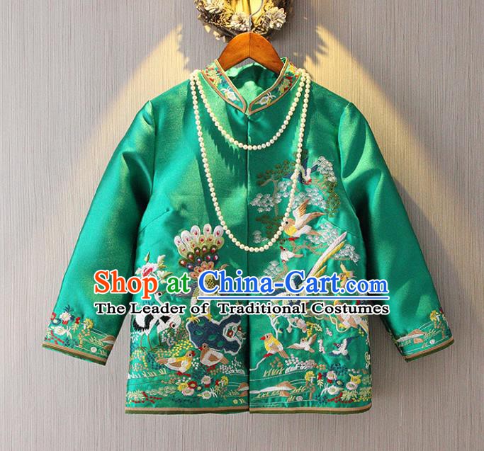 Chinese Traditional National Green Cheongsam Jacket Tangsuit Stand Collar Embroidered Coats for Women