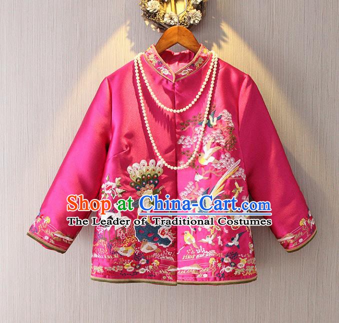 Chinese Traditional National Rosy Cheongsam Jacket Tangsuit Stand Collar Embroidered Coats for Women