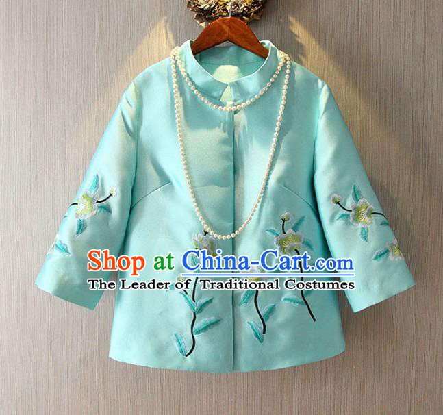 Chinese Traditional National Blue Cheongsam Jacket Tangsuit Embroidered Coats for Women