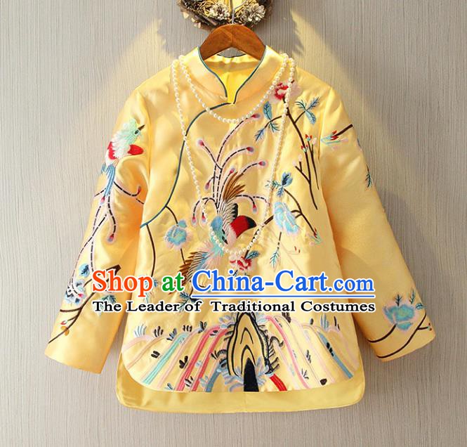 Chinese Traditional National Cheongsam Yellow Blouse Tangsuit Embroidered Shirts for Women