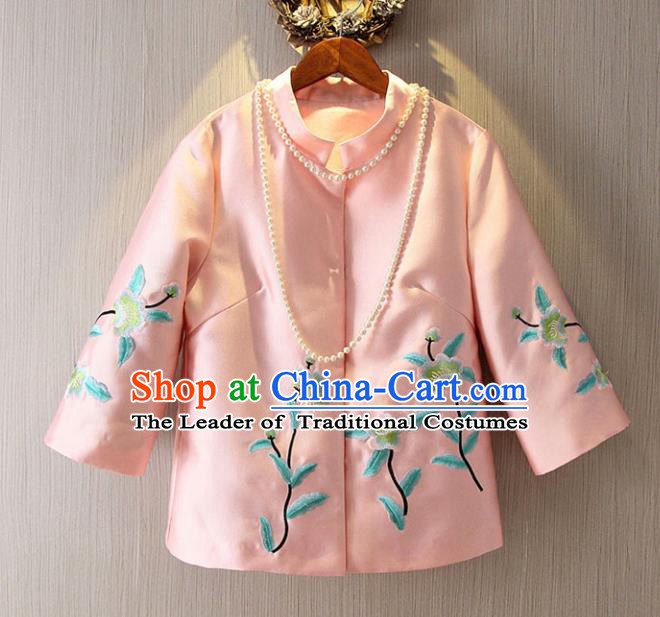 Chinese Traditional National Pink Cheongsam Jacket Tangsuit Embroidered Coats for Women